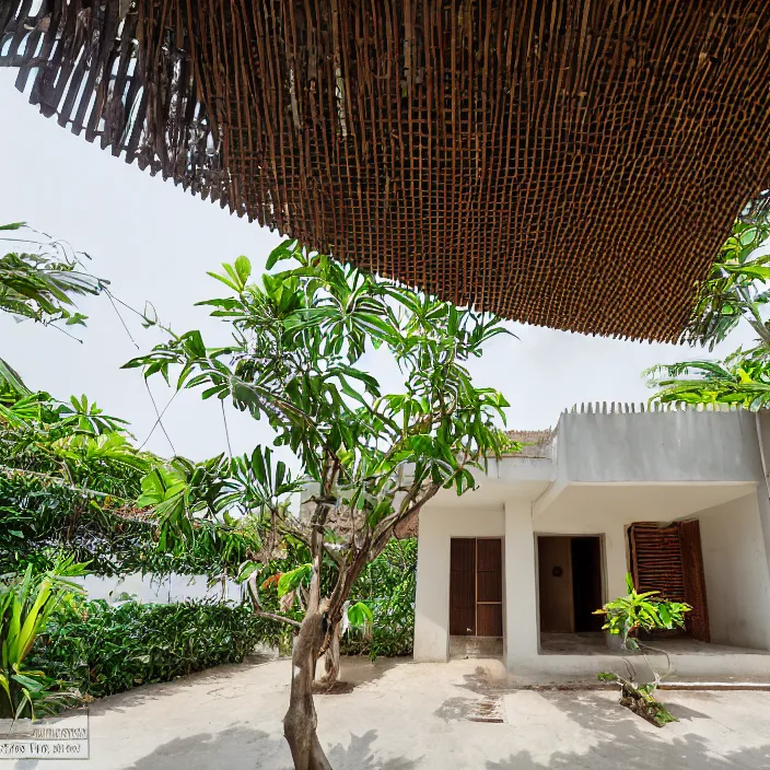 Image similar to idyllic town house on a quiet street in lagos, tropical architecture with sun shading and pergolas, modernist african building, contemporary architecture, architectural photography, canon eos r 3, telephoto lens, sigma 5 0 0 mm f / 5, iso 2 0 0, 1 / 1 6 0 s, 8 k, raw, unedited, in - frame