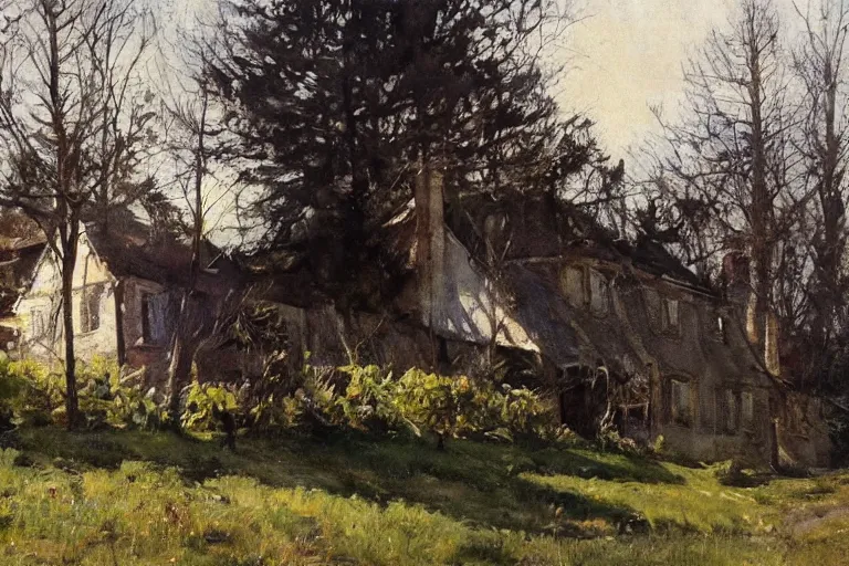 Image similar to old house with clothing line, sunny, dappled light, anders zorn