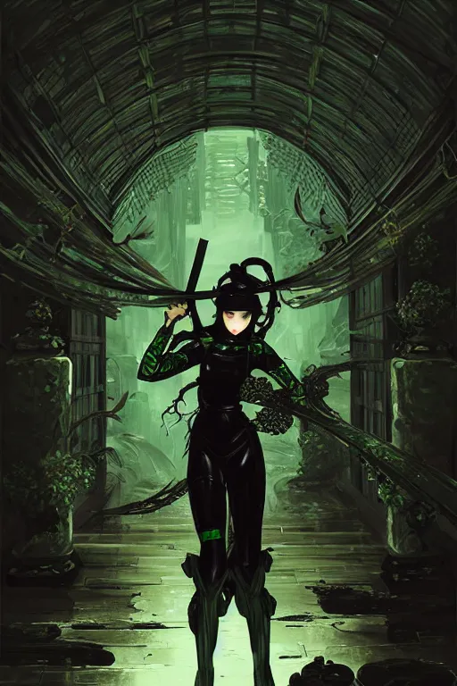 Image similar to portrait a Ninja gaiden girl, armored black and green ninja wardrobe, in ruin japanese rainny temple night, ssci-fi and fantasy, intricate and very very beautiful and elegant, highly detailed, digital painting, artstation, concept art, smooth and sharp focus, illustration, art by tian zi and WLOP and alphonse mucha