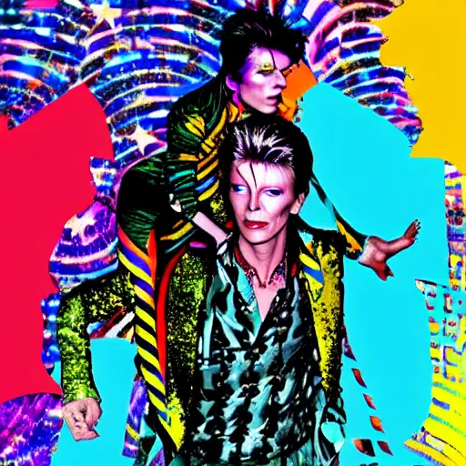 Prompt: david bowie from china girl getting a piggy back ride from ziggy stardust, digital art, glam rock. pop art background.