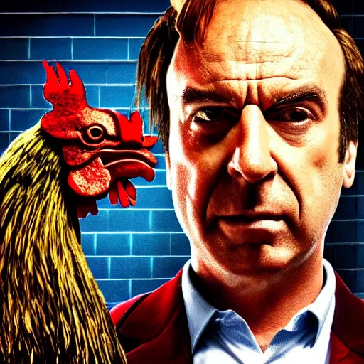 Image similar to saul goodman and a rooster in a saw movie torture chamber, saw movie jigsaw background, saul goodman, rooster, photo