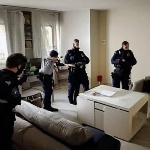 Prompt: a photo in 2 0 2 2 of several members of the french scientific police analyzing a crime scene in the living room of an apartment, police