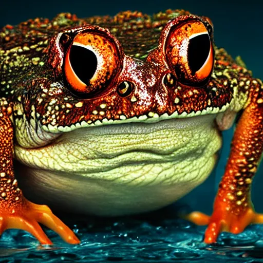 Prompt: deep camouflage angry toad evil eyes poking out eyes from under the water ultra sharp blur background simple background deep brown orange staring into camera poster art