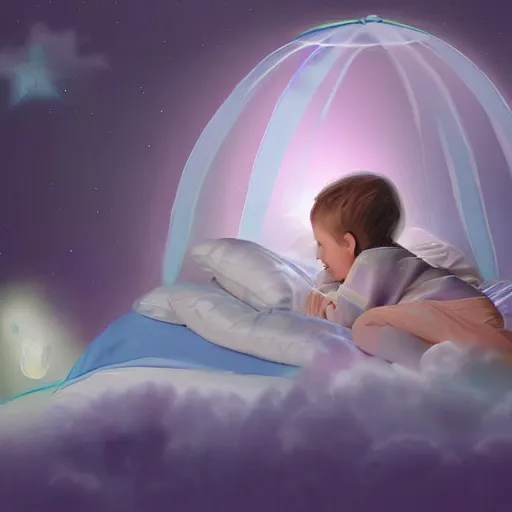 Prompt: A wide shot of a child asleep in bed, their dream hovering over their head like a hologram, beautiful digital painting