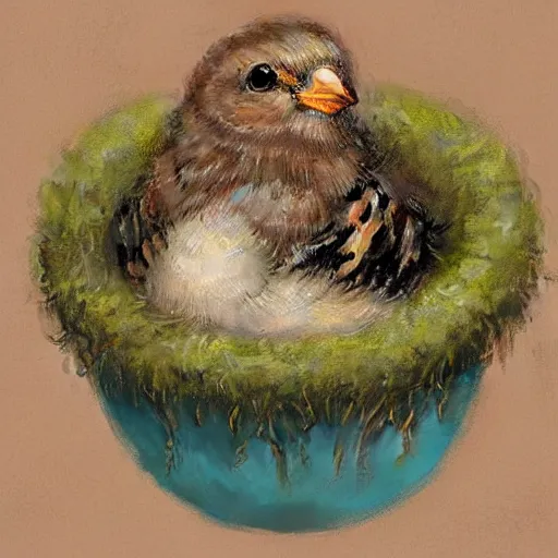 Image similar to long shot of a very fluffy sparrow chick nesting in a floral cup, esao andrews, by m. w. kaluta, by artgerm, humorous illustration, hyperrealistic, tilt shift, warm colors, night scenery, low light, 3 d octane render, 4 k, volumetric lights, smooth, cosy atmosphere, conceptart, hyperdetailed, trending on deviantart