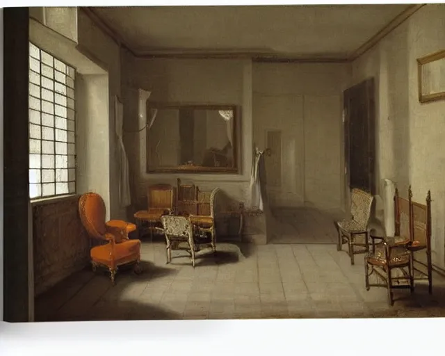 Image similar to A painting of a cosy hallway, couches, chairs, sofas, oil on canvas, by Pieter Claesz, sharp