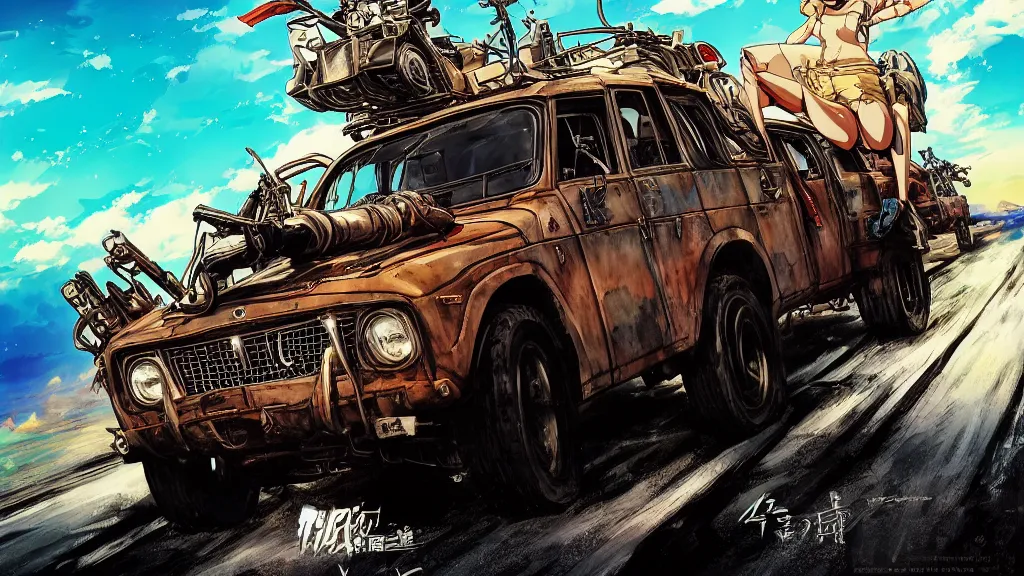 Image similar to anime illustration of mad max's fj 4 0 pursuit special riding fury road eternal shiny and chrome, world of fire and blood, the last v 8 interceptor driving down to the gates of valhalla highway, by makoto shinkai, ilya kuvshinov, lois van baarle, rossdraws, basquiat, global illumination ray tracing hdr