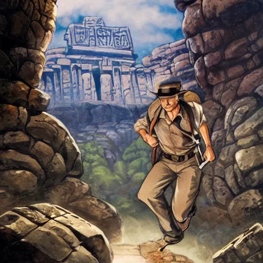 Image similar to Indiana Jones being chased by a boulder trap underground, boulder chase, inside ancient stone temple background, Indiana Jones running away from big round stone, raiders of the lost ark, detailed background, anime key visual