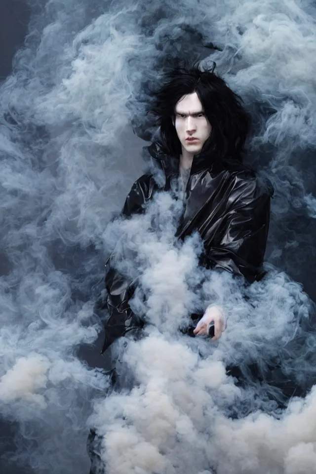 Prompt: a man with pale skin and long-black hair, latex suit and raincoat, floating in smoke, in the style of ruan jia and yoshitaca amano