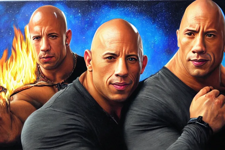 Prompt: portrait of vin diesel and dwayne the rock johnson cuddling next to a fire, an oil painting by ross tran and thomas kincade