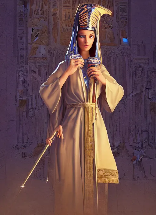 Image similar to an anthropomorphic beautiful female wizard of pharaoh holding magic wand portrait wearing robe, fine art, award winning, intricate, elegant, sharp focus, octane render, hyperrealistic, cinematic lighting, highly detailed, digital painting, 8 k concept art, art by jamie hewlett and z. w. gu, masterpiece, trending on artstation, 8 k