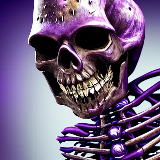 Image similar to a detailed portrait of a fancy skeleton with expressive features and metallic teeth, metal teeth, skeleton in a suit, purple glowing eyes, fantasy art, character, wizard, barbarian