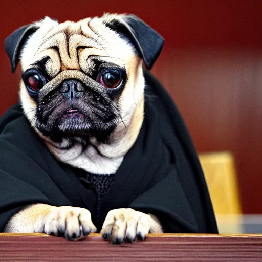 Prompt: a pug as a judge wearing a black robe, sitting behind the desk in court, slamming his gavel, angry looking