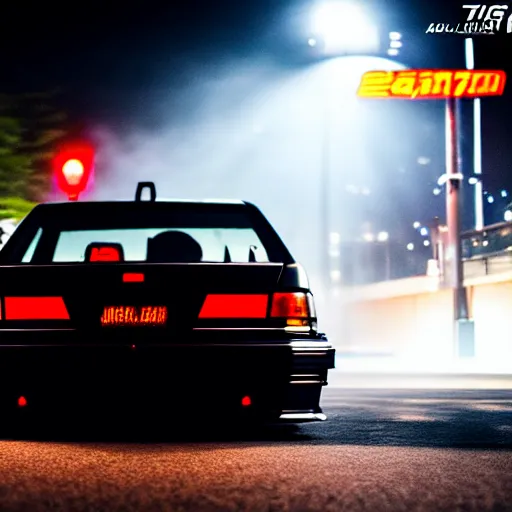 Image similar to a car JZX90 twin turbo drift at illegal car meet, Shibuya prefecture, city midnight mist lights, cinematic lighting, photorealistic, highly detailed wheels, high detail