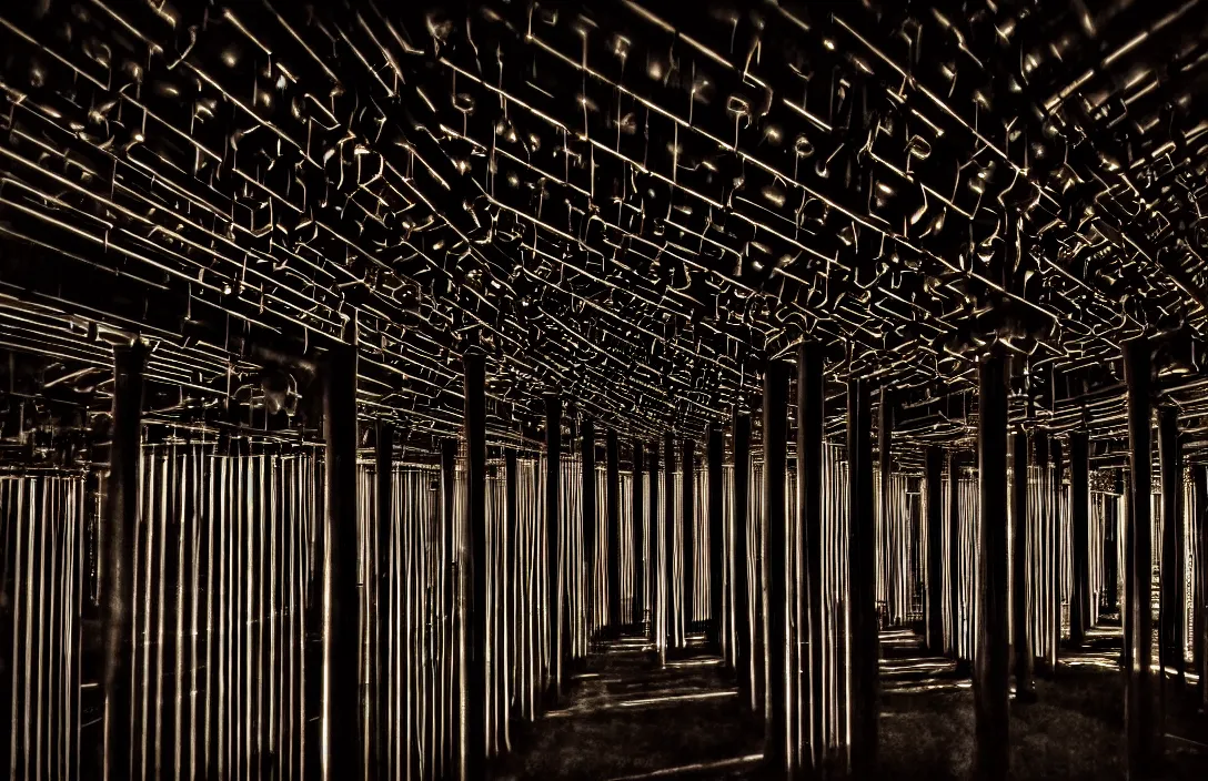 Image similar to implicit link is made between implicit link is made between intact flawless ambrotype from 4 k criterion collection remastered cinematography gory horror film, ominous lighting, evil theme wow photo realistic postprocessing pillars of light surveillance footage pieter s aenredam building by frank lloyd wright