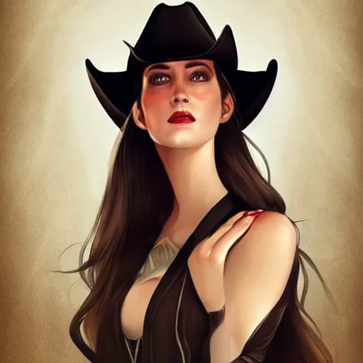 Prompt: portrait of a young woman, long dark hair and an angular face with a scar across the chin. cowboy hat, daring and bold, con - artist and spy, beautiful, rpg, dnd, artgerm
