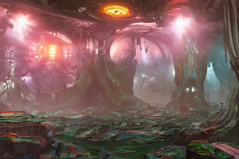 Image similar to a beautiful painting of an elaborate utopian sci - fi scene painted by hr giger and lisa frank, detailed, unreal engine, 4 k octane render, volumetric lighting, shadows, reflections