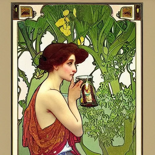 Image similar to “ girl drinking a beer under a tree, art nouveau, very detailed, gold leaf, plants, illustration by alphonse mucha ”