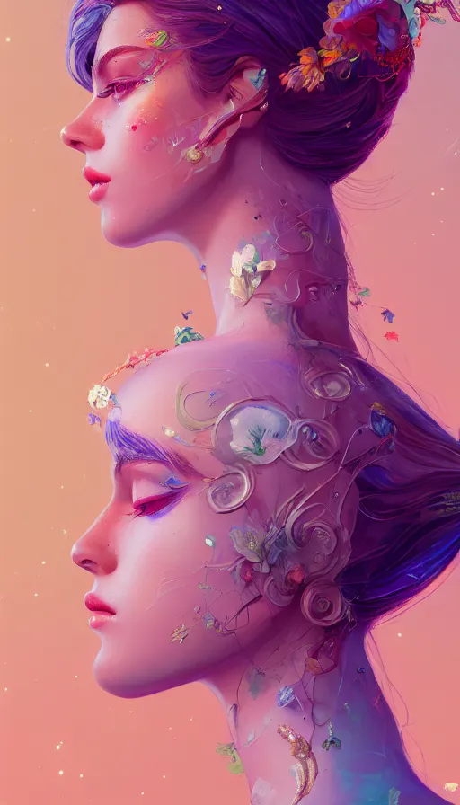 Image similar to a beautiful goddesses, profile, full body, universe, dream, highly detailed, digital painting, refreshing, trending on artstation, octane render, illustration by james jean