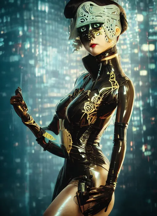 Prompt: portrait of a seductive cyberpunk latex geisha raver cyborg, modern fine art, golden ratio, dark fantasy, cyberpunk, octane render, fractal, in the style of ghosts in the machine, intricate ornaments, elegant, highly detailed, ornate, wlop