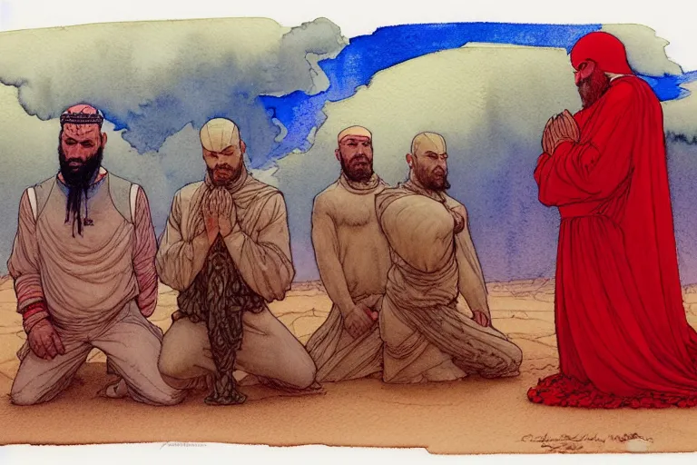 Image similar to a hyperrealist watercolour character concept art portrait of a group of middle eastern men kneeling down in prayer in front of a giant red haired android on a misty night in the desert. by rebecca guay, michael kaluta, charles vess and jean moebius giraud