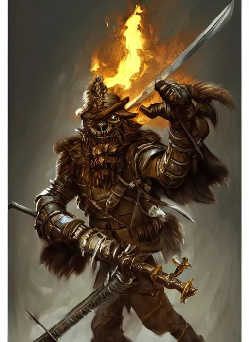 Prompt: photorealistic bugbear ranger holding sword on fire, magic, black beard, dungeons and dragons, pathfinder, roleplaying game art, hunters gear, jeweled ornate leather and steel armour, concept art, character design on white background, by sargent, norman rockwell, makoto shinkai, kim jung giu, artstation trending, poster art, colours red