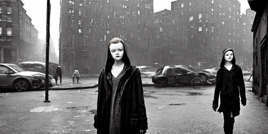 Prompt: sadie sink in hoodie at umbrella stand in ruined square, pedestrians on both sides ignore her, old tenements in background : grainy b & w 1 6 mm film, 2 5 mm lens, medium shot from schindler's list by steven spielberg. cyberpunk, steampunk. cinematic atmosphere and composition, detailed face, perfect anatomy