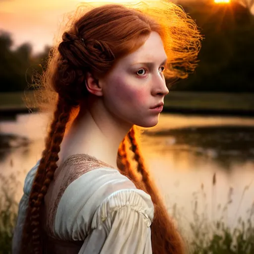 Prompt: high detail photographic portrait of a stunningly beautiful english renaissance female in soft dreamy light at sunset, beside the river, soft focus, contemporary fashion shoot, hasselblad nikon, in a denis villeneuve movie, by alphonse mucha, edward robert hughes, annie leibovitz and steve mccurry, david lazar, jimmy nelsson, hyperrealistic, perfect face