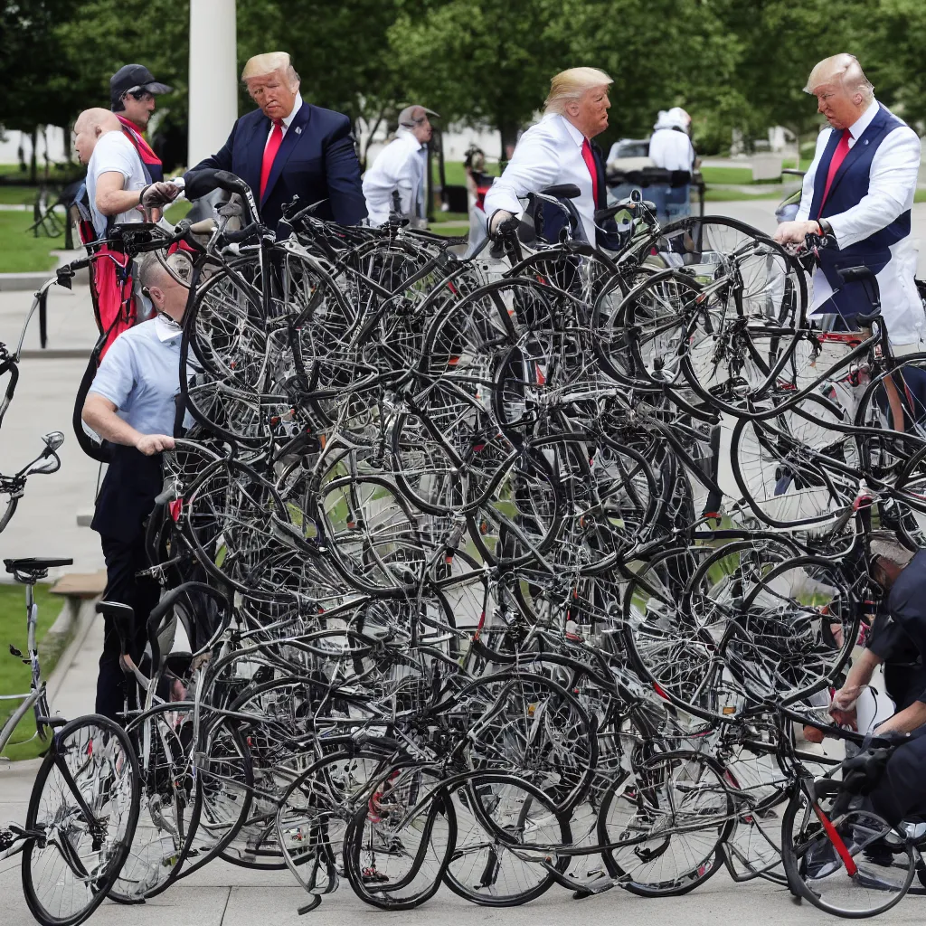 Image similar to trump repairs one bicycle outside the white house