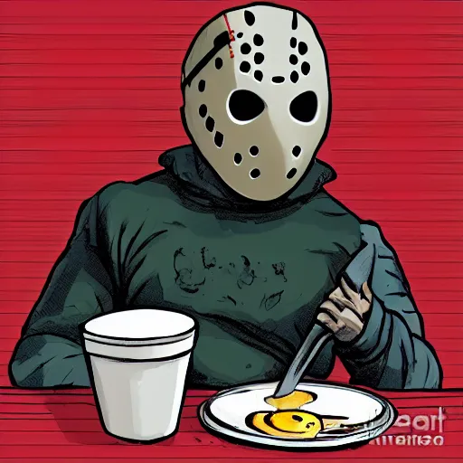 Prompt: Jason Voorhees eating breakfast, digital art