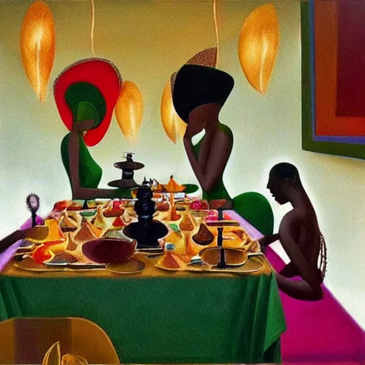 Image similar to dark skinned people eating at a regal buffet ultra detailed beautiful setting elegant event nigerian party minimalist gold ornaments iridescent 3d abstract lighting glamour in the style of edward hooper and henri matisse yinka shonibare oil painting