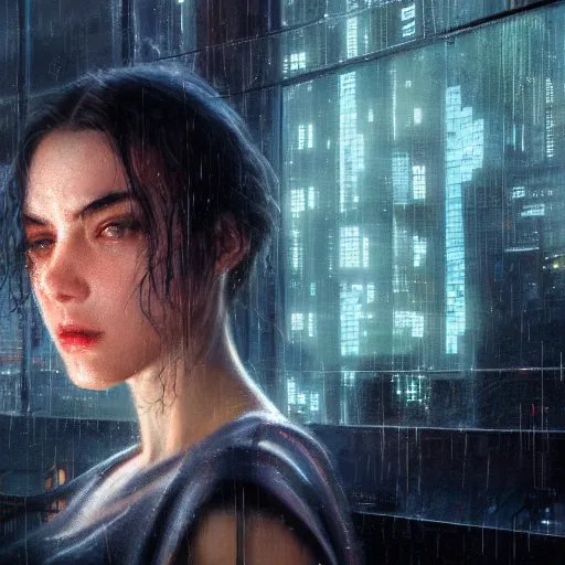 Prompt: detailed face of a woman, moment, cyberpunk cloisters, electronic billboards, tech noir, wet reflections, atmospheric, ambient, livia prima, greg rutkowski, edward hopper