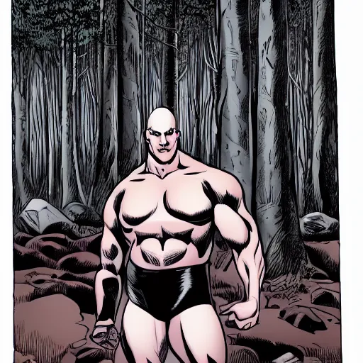 Prompt: A 15 foot tall, muscular, bald, smooth, extremely pale androgenous humanoid with a perfectly symmetrical face, dressed in black body armour, in the background is a dense and foggy forest of trees. High contrast, comic book,