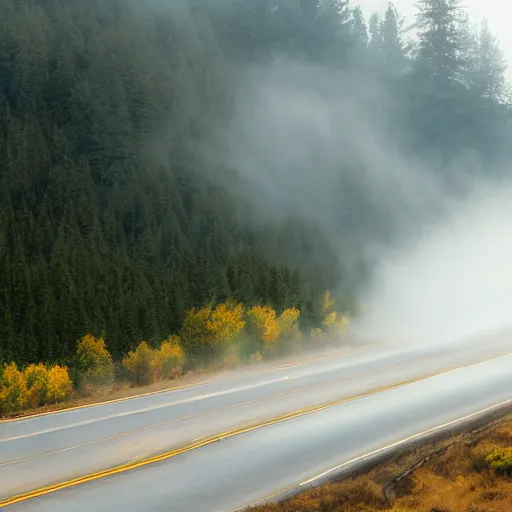 Prompt: mist on the highway snaking through the pine forests of the pacific northwest