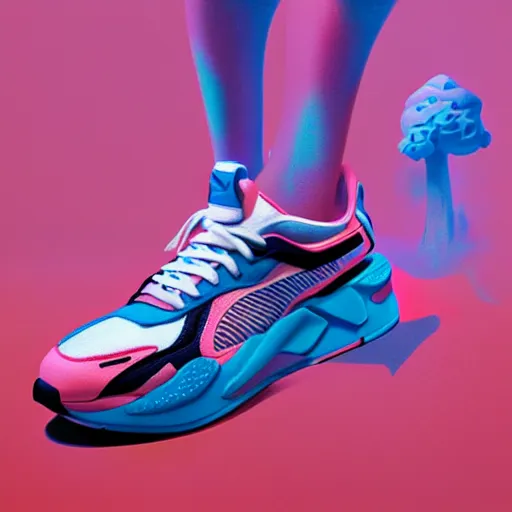 Image similar to puma rs - x sneakers, james jean style, vfx art, unreal engine render, claymation style, colourful, volumetric light, digital painting, digital illustration, dramatic light,