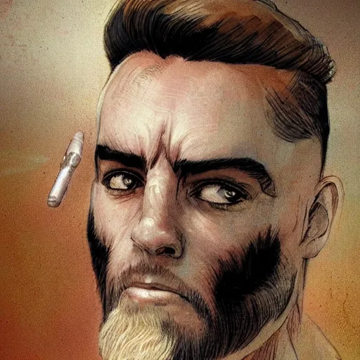 Image similar to beautiful portrait of a young bearded man, in the style of Enki Bilal and Joe Jusko and Alex Ross