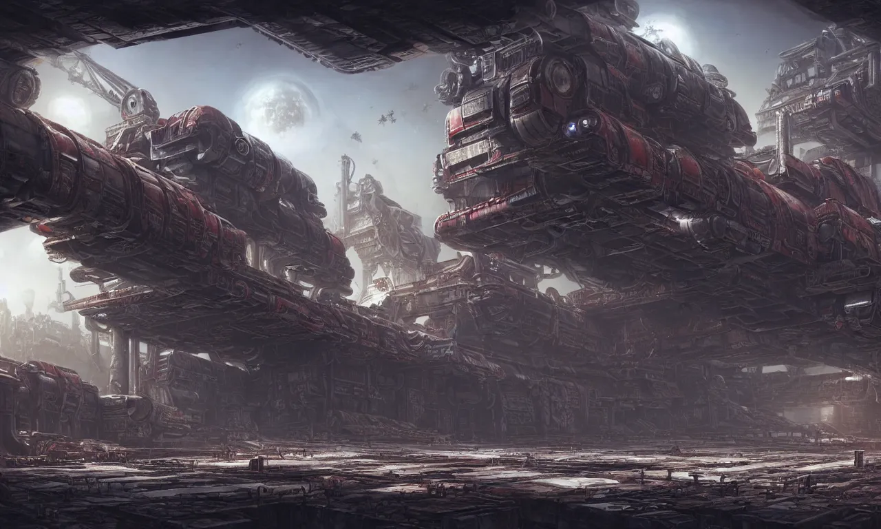 Image similar to a beautiful highly detailed matte painting of a huge derelict cargo starship base, Space Hulk, WarHammer 40k by Jose Daniel Cabrera Pena and Leonid Kozienko, concept art