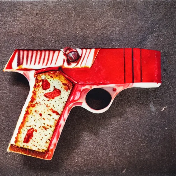 Image similar to pistol made out of meat, high quality polaroid photo