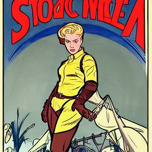Image similar to a stoic heroic butch tomboy dirty injured blonde emotionless woman engineer, with very short slicked - back hair. she is dressed as a spaceship mechanic. well composed, clean elegant painting, beautiful detailed face. comic book art by steve ditko and jack kirby and ( alphonse mucha )