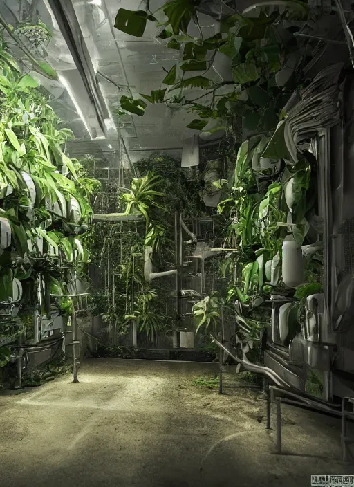 Prompt: secret Military lab, tropic plants growing inside cryo chambers connected with cable, photo realistic, realistic, cinematic, establishing shot, extremly high detail, cinematic lighting, concept art, matte painting, denoise