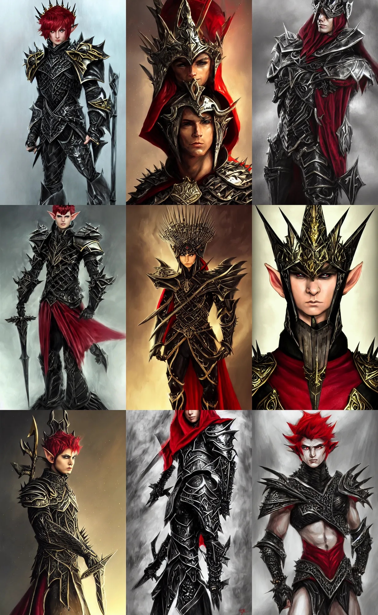 Prompt: A male elf wearing a black spiked metal tiara, black heavy armor with gold plating, and a red cape, 20 years old, short silver hair, red eyes, lean but muscular, attractive, command presence, royalty, weathered face, smooth, sharp focus, illustration, concept art, highly detailed portrait, muscle definition, fantasy painting, ArtStation, ArtStation HQ