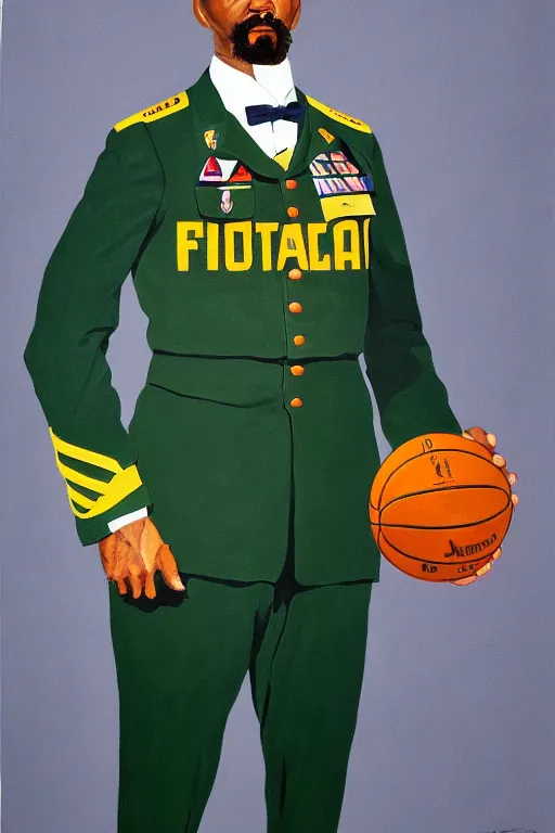 Image similar to full body portrait of the dictator of the nba utah jazz, 1 8 8 9, in full military garb, navy, green, yellow, oil on canvas by william sidney mount, trending on artstation