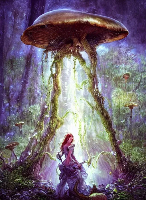 Image similar to a beautiful fantasy woman makes camp under a large mushroom, moss, dewdrops, rainstorm, watercolor, dramatic lighting, cinematic, establishing shot, extremely high detail, foto realistic, cinematic lighting, pen and ink, intricate line drawings, by Yoshitaka Amano, Ruan Jia, Kentaro Miura, Artgerm, post processed, concept art, artstation, matte painting, style by eddie mendoza, raphael lacoste, alex ross,