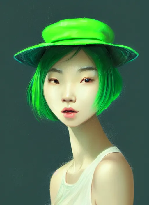 Image similar to portrait of a chinese girl with matte green hair, pixie long straight hair, wearing a light green hat, baseball cap, sophisticated, elegant, glowing lights, highly detailed, digital painting, art stand, concept art, smooth, clear focus, illustration, artwork by wlop, mars ravelo and greg rutkowski