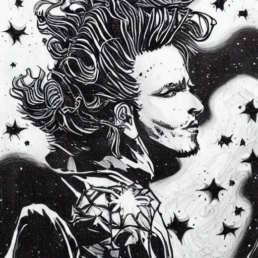 Image similar to black and white pen and ink!!!!!!! Johnny Depp x Ryan Gosling wearing cosmic space robes made of stars final form flowing royal hair golden!!!! Vagabond!!!!!!!! floating magic swordsman!!!! glides through a beautiful!!!!!!! Camellia flower battlefield dramatic esoteric!!!!!! Long hair flowing dancing illustrated in high detail!!!!!!!! by Moebius and Hiroya Oku!!!!!!!!! graphic novel published on 2049 award winning!!!! full body portrait!!!!! action exposition manga panel black and white Shonen Jump issue by David Lynch eraserhead and beautiful line art Hirohiko Araki!! Rossetti, Millais, Mucha, Jojo's Bizzare Adventure