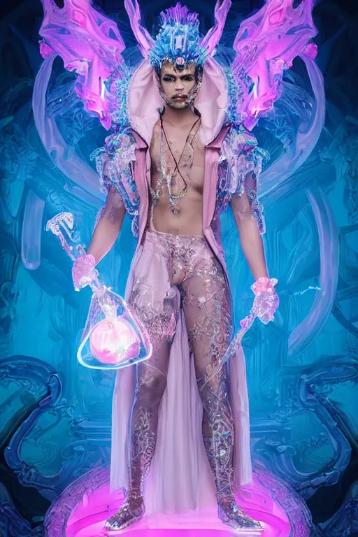 Image similar to full-body rococo and cyberpunk delicate neon crystalline sculpture of ((handsome muscular onyx albino prince Zayn Malik)) as an blue iridescent humanoid deity wearing ((peach plastic hooded cloak)) (holding an onyx skull) in a onyx castle dungeon, reclining, glowing pink face, crown of (pink lasers), large blue diamonds, swirling black silk fabric. futuristic elements. oozing glowing liquid, full-length view. space robots. intricate artwork by caravaggio. Trending on artstation, octane render, cinematic lighting from the right, hyper realism, octane render, 8k, depth of field, 3D