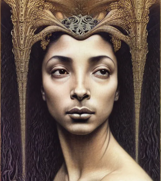 Prompt: detailed realistic beautiful young sade adu face portrait by jean delville, gustave dore and marco mazzoni, art nouveau, symbolist, visionary, gothic, pre - raphaelite. horizontal symmetry by zdzisław beksinski, iris van herpen, raymond swanland and alphonse mucha. highly detailed, hyper - real, beautiful, fractal details