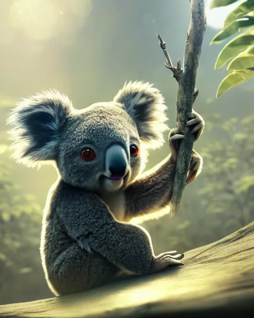 Image similar to movie still macro close photo of koala, by weta disney pixar greg rutkowski wlop ilya kuvshinov rossdraws artgerm octane render iridescent, bright morning, liosh, mucha