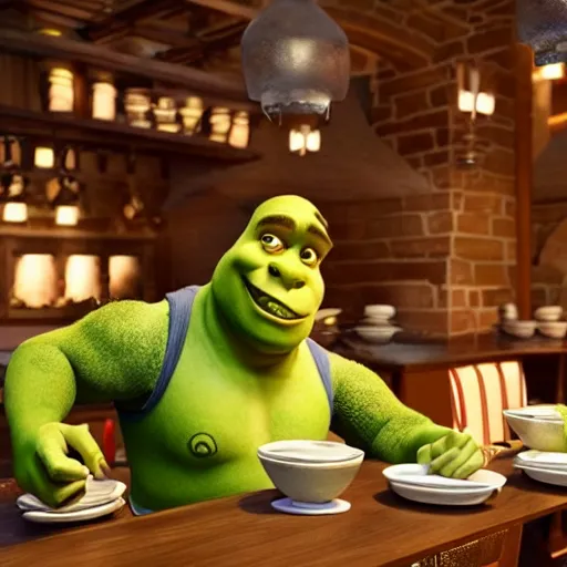 Image similar to shrek as a server in a Michelin star restaurant, photorealistic, 3d render, award winning render, unreal engine, octane render, studio lighting, 8k, hd