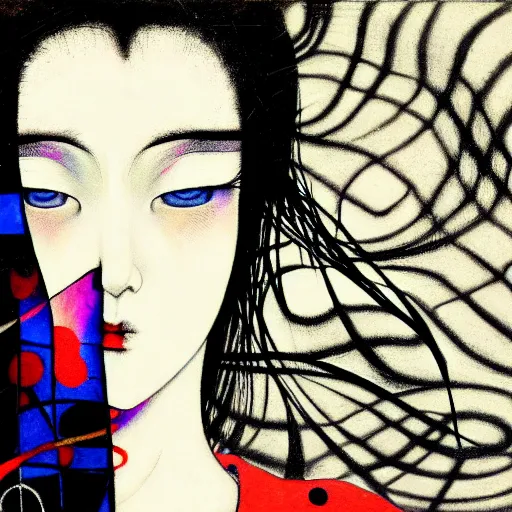 Image similar to yoshitaka amano blurred and dreamy realistic three quarter angle portrait of a young woman with black lipstick and black eyes wearing dress suit with tie, junji ito abstract patterns in the background, satoshi kon anime, noisy film grain effect, highly detailed, renaissance oil painting, weird portrait angle, blurred lost edges